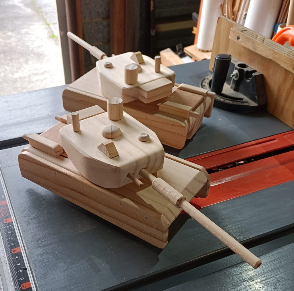 Tanks, handmade from pine, by Rusty's Toy Workshop, Wairarapa
