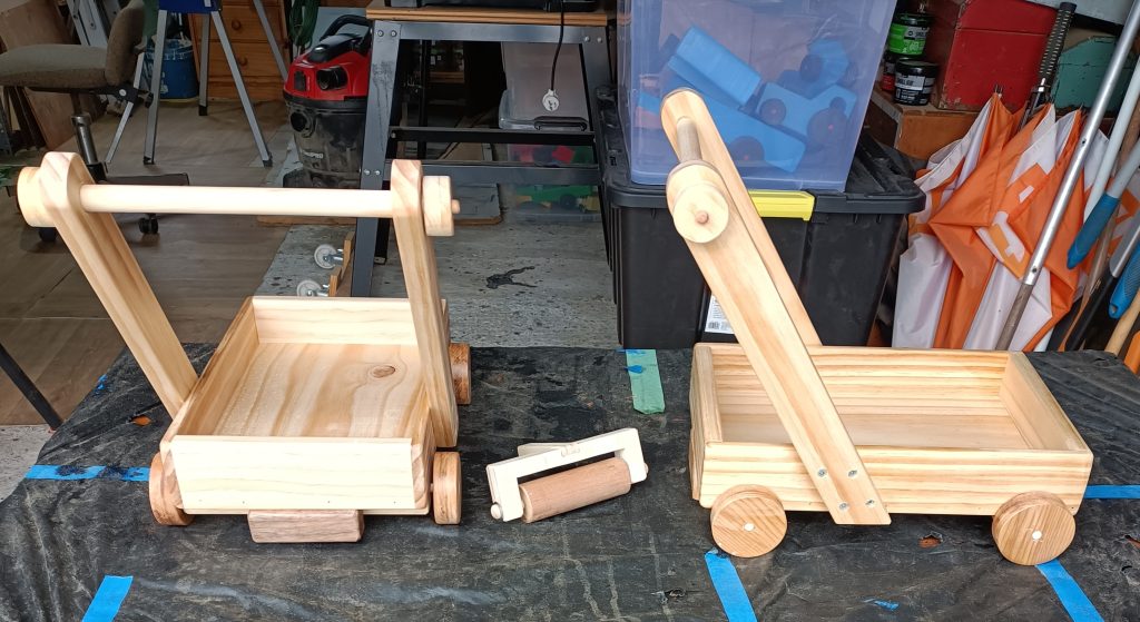 Trolleys, handmade from pine, by Rusty's Toy Workshop, Wairarapa