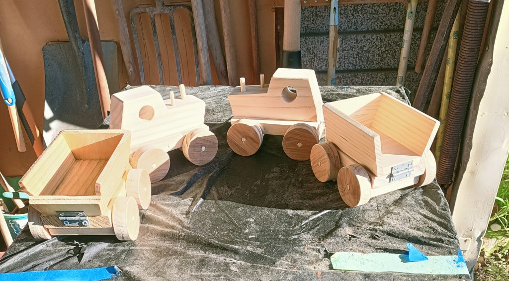 Trucks and trailers, handmade from pine, by Rusty's Toy Workshop, Wairarapa